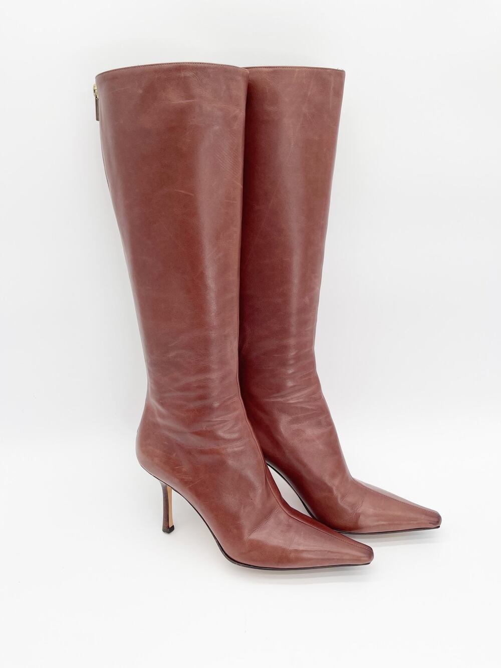 Jimmy Choo Vintage Y2K Mahogany Peony Square Toe Leather Knee High Boots IT 38